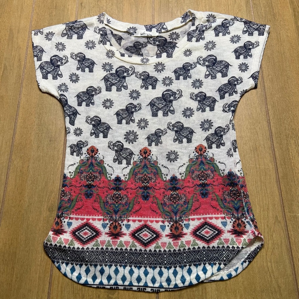 Gaze USA Elephant Print Top Women XS White Pink Knit Boho Y2K Short Sleeve Shirt